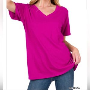 Zenana Magenta V Neck Relaxed Fit Short Sleeve Tee